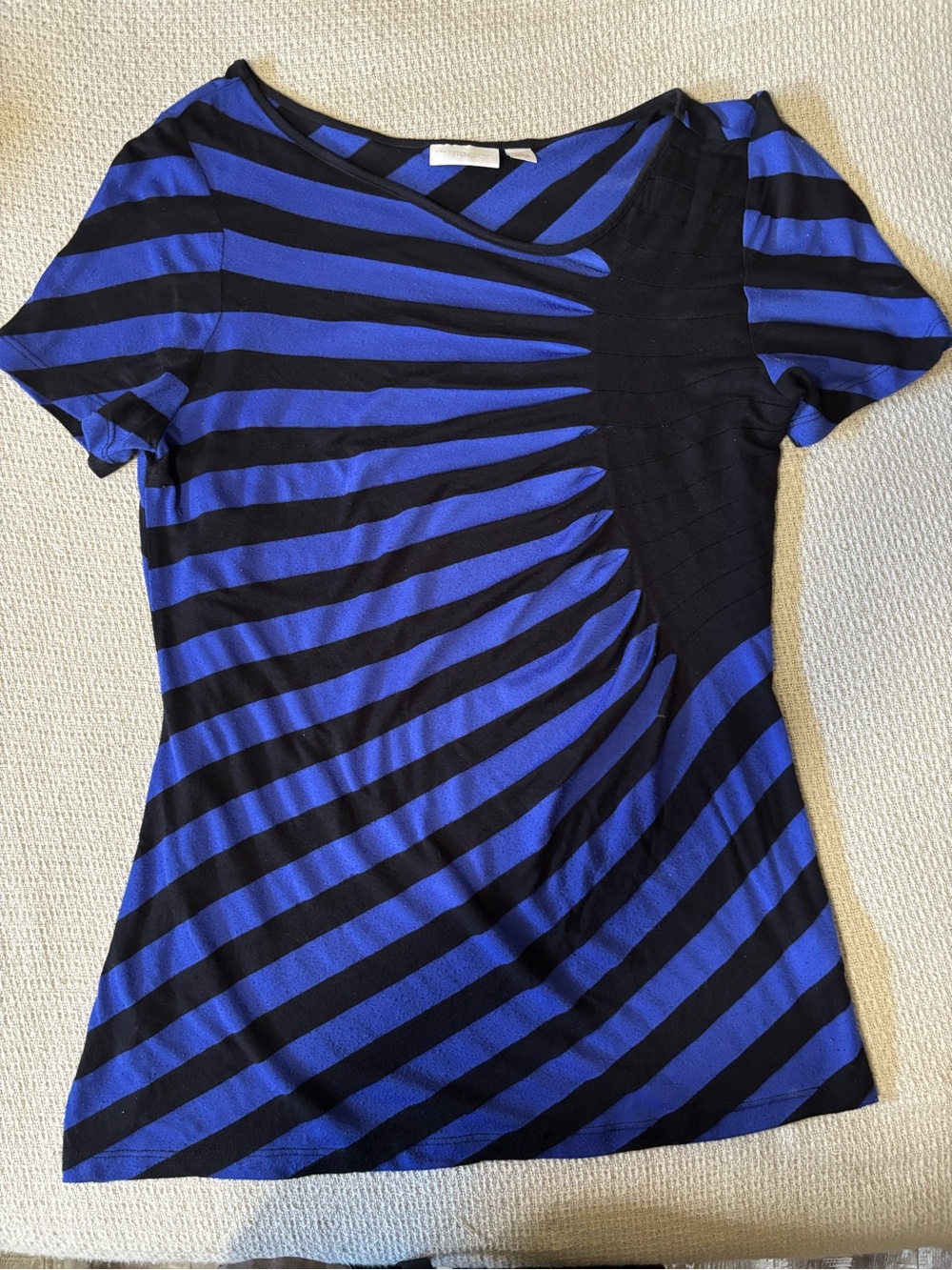 New York & Company Black and Blue Radial Stripe Short-Sleeve Top